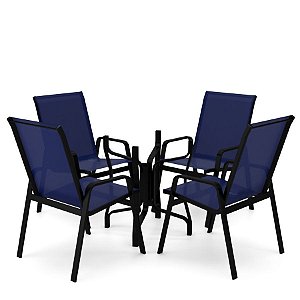 Conjunto de 4 Cadeiras S/ Vidro Alumínio Preto Tela Azul