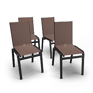 Kit 4 Cadeiras Jantar Gourmet Alumínio Preto Tela Marrom