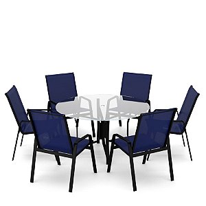 Conjunto de 6 Cadeiras Alumínio Preto Tela Azul