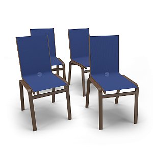Kit 4 Cadeiras Jantar Gourmet Alumínio Marrom Tela Azul