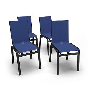 Kit 4 Cadeiras Jantar Gourmet Alumínio Preto Tela Azul