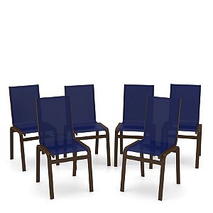 Kit 6 Cadeiras Jantar Gourmet Alumínio Marrom Tela Azul