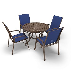 Mesa 4 cadeiras Ripado Piscina Alumínio Marrom e Tela Azul