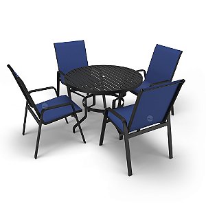 Mesa 4 cadeiras Ripado Piscina Alumínio Preto e Tela Azul
