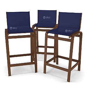 Kit 3 Banquetas Alta bancada Alumínio Marrom Tela Azul