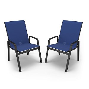 kit 2 cadeira Riviera Piscina Praia Alumínio Preto Tela Azul