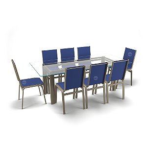 Sala Jantar Retangular 8 Lugares Alumínio Fendi Tela Azul