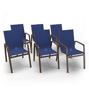 Kit 6 Cadeiras Miami Gourmet Alumínio Marrom Tela Azul