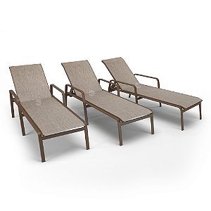 Kit 3 Espreguiçadeiras Riviera Piscina Alumínio Marrom Tela