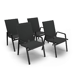 Kit 4 Cadeiras Riviera Piscina Jardim Alumínio Preto Tela