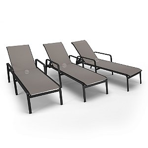 Kit 3 Espreguiçadeiras Piscina Alumínio Preto Tela Fendi