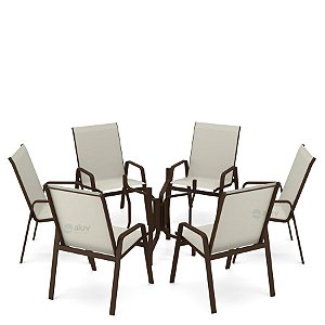 Conjunto de 6 Cadeiras S/ Vidro Alumínio Marrom Tela Bege