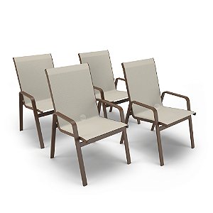 Kit 4 Cadeira Riviera Piscina Alumínio Marrom Tela Bege