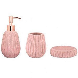 Conjunto para banheiro rosa e cobre em cerâmica 3 peças