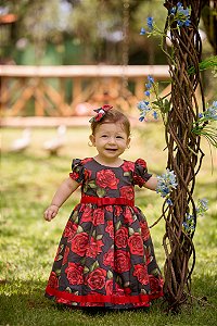 Vestido Preto Floral Vermelho - Infantil