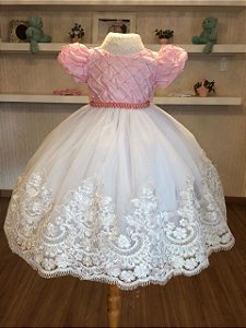 Vestido de Daminha Branco e Rosa- Infantil