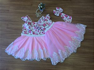 Vestido Mae e Filha Floral Pink Com Barrado de Renda Branca- Mãe e Filha