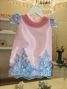 Vestido Trapezio Rosa com Azul Luxo  - Infantil