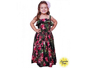 Vestido infantil longo floral preto - Promoçao dia das crianças