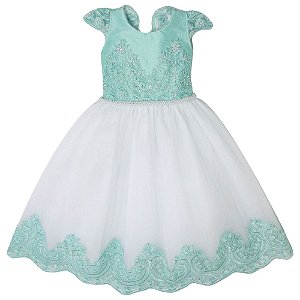 vestido de daminha branco com verde tiffany