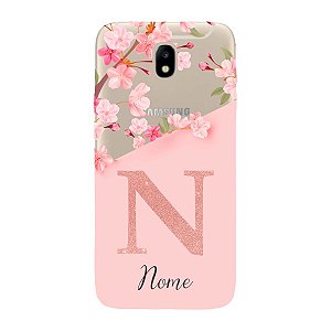 Capinha para Samsung J7 Pro Anti Impacto Personalizada - Delicate Flowers Rosa com nome e fundo transparente