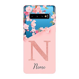 Capinha para Samsung S10 Anti Impacto Personalizada - Delicate Flowers Rosa com nome e fundo transparente