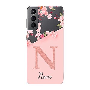 Capinha para Samsung S21 Plus Anti Impacto Personalizada - Delicate Flowers Rosa com nome e fundo transparente