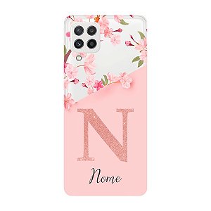 Capinha para Samsung A22 4G Anti Impacto Personalizada - Delicate Flowers Rosa com nome e fundo transparente