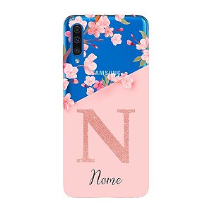 Capinha para Samsung A50 Anti Impacto Personalizada - Delicate Flowers Rosa com nome e fundo transparente