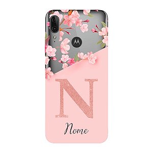 Capinha para Moto E6 Plus Anti Impacto Personalizada - Delicate Flowers Rosa com nome e fundo transparente