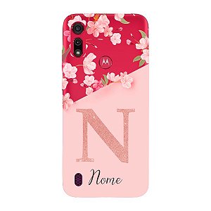 Capinha para Moto E6i Anti Impacto Personalizada - Delicate Flowers Rosa com nome e fundo transparente