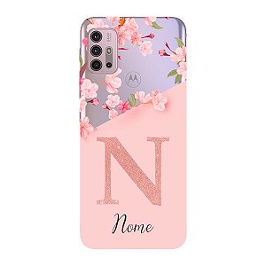 Capinha para Moto G10 Power Anti Impacto Personalizada - Delicate Flowers Rosa com nome e fundo transparente