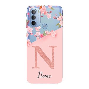 Capinha para Moto G31 Anti Impacto Personalizada - Delicate Flowers Rosa com nome e fundo transparente