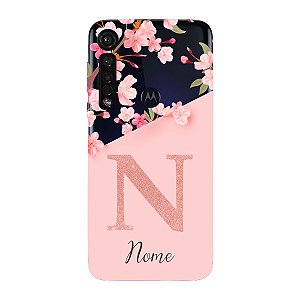 Capinha para Moto G8 Plus Anti Impacto Personalizada - Delicate Flowers Rosa com nome e fundo transparente