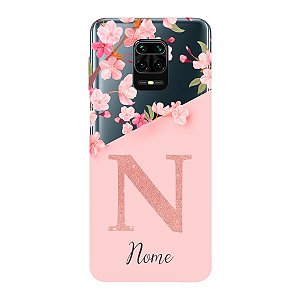 Capinha para Xiaomi RedMi Note 9 Anti Impacto Personalizada - Delicate Flowers Rosa com nome e fundo transparente