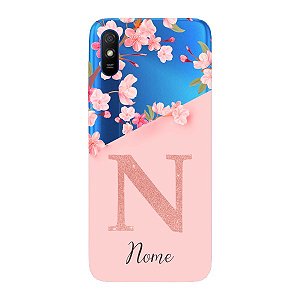 Capinha para Xiaomi RedMi 9i Anti Impacto Personalizada - Delicate Flowers Rosa com nome e fundo transparente