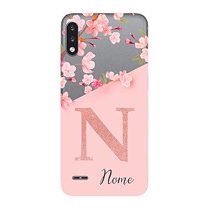 Capinha para LG K22 Anti Impacto Personalizada - Delicate Flowers Rosa com nome e fundo transparente