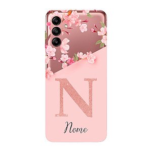 Capinha para Samsung A04s Anti Impacto Personalizada - Delicate Flowers Rosa com nome e fundo transparente