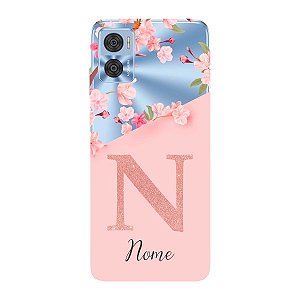 Capinha para Moto E22 Anti Impacto Personalizada - Delicate Flowers Rosa com nome e fundo transparente