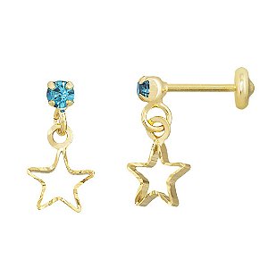 Brinco Infantil Ponto de Luz Zircônia Azul com Pingente Estrela Vazada Banhado em Ouro18k