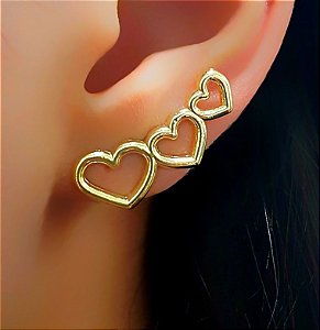 Brinco Ear Cuff Corações Lisos Banhado em Ouro18k