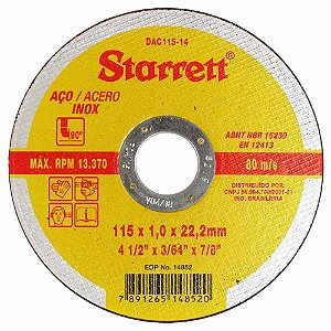 Disco Corte Inox STARRETT 4.1/2" X 3/64" X 7/8pol DAC115-14 12 peças