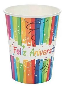 Copo de Papel Feliz Aniversário Silver Festas 270ml c/10 Un.