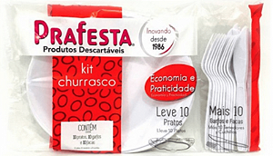 Kit Churrasco (10 Pratos + 10 Garfos + 10 Facas) Branco Prafesta c/ 10 Un.