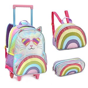 Kit Mochila e Estojo Escolar de Rodinha Infantil Menina Gatinho