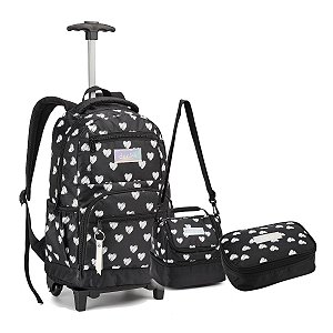 Kit Mochila Feminina Com Rodinhas Juvenil Estojo E Lancheira