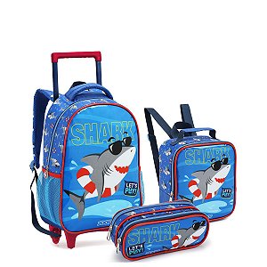 Kit Mochila Rodinha Escolar Menino Tubarão
