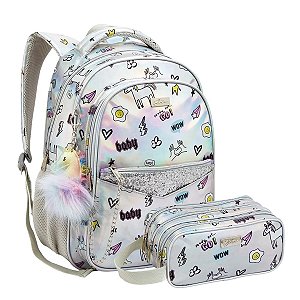 Kit Mochila Juvenil Feminina Metalizado Chaveiro Unicórnio