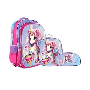 Kit Mochila Costas 3d Lancheira Estojo Unicórnio Escolar Fast Bag