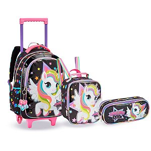 Kit Mochila Rodinha Unicórnio Power Estilosa Meninas Escolar